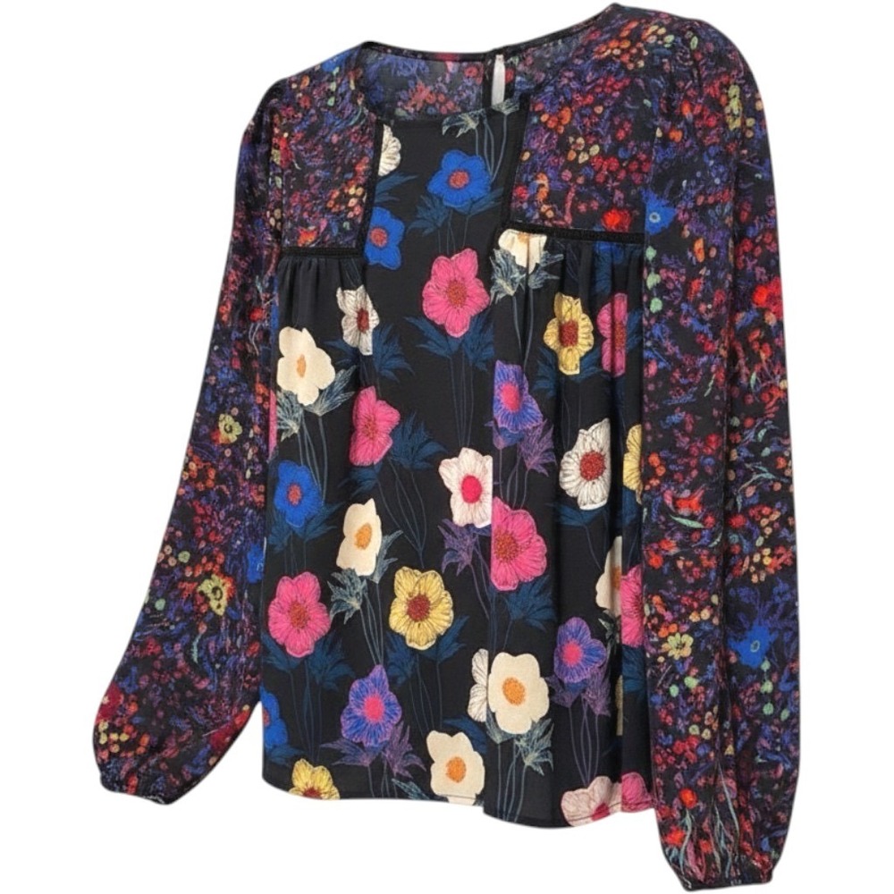 For The Republic Blouse Black Floral Mixed Print Boho Peasant‎ Women Small